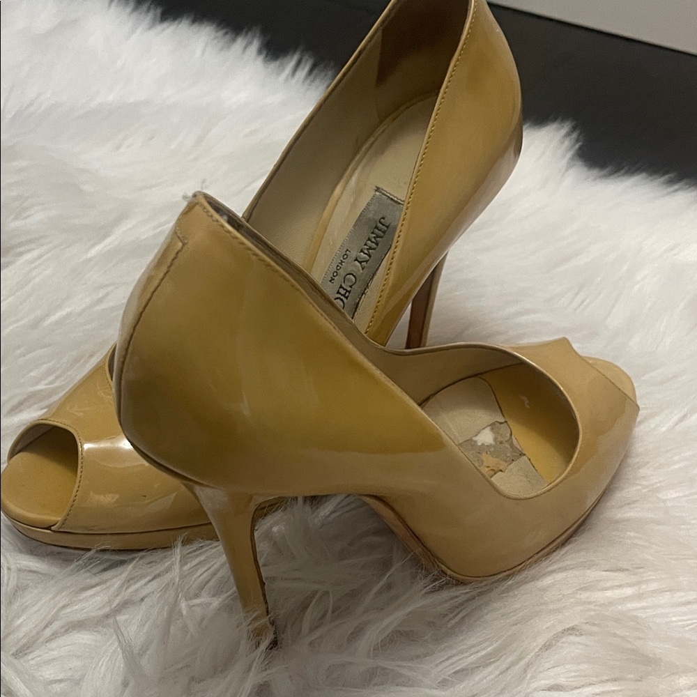 Jimmy Choo Neutral Peep Toe Platform Heels